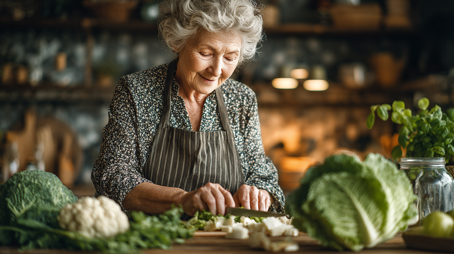 Група друзів старшого віку готують здорову їжу разом